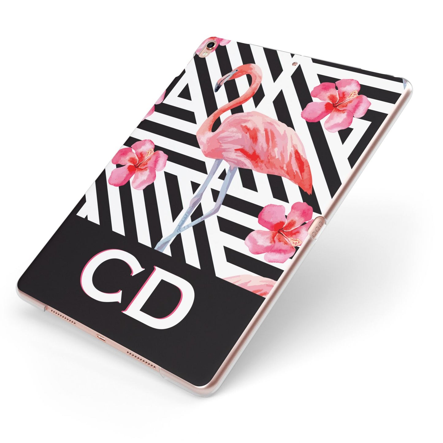 Flamingo Black Geometric Apple iPad Case on Rose Gold iPad Side View