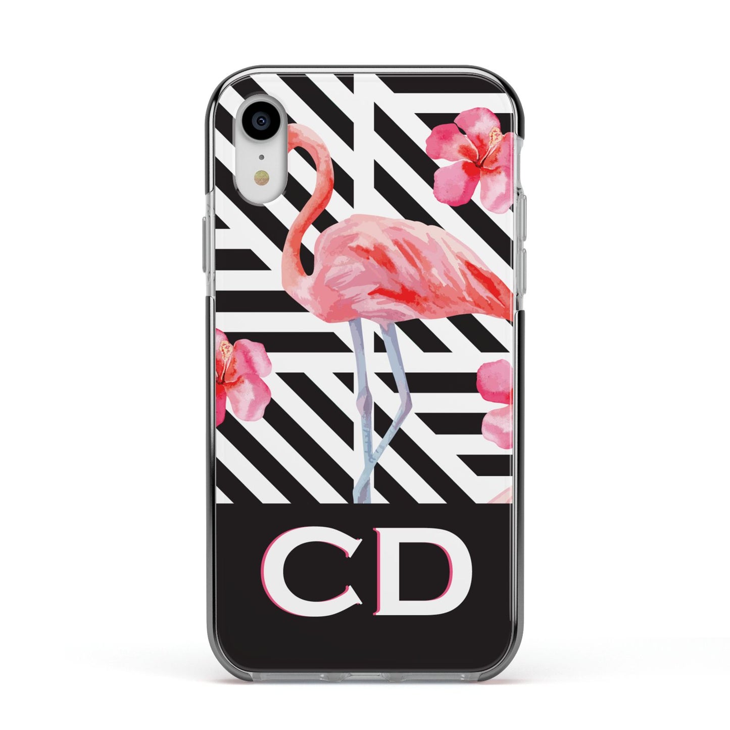 Flamingo Black Geometric Apple iPhone XR Impact Case Black Edge on Silver Phone