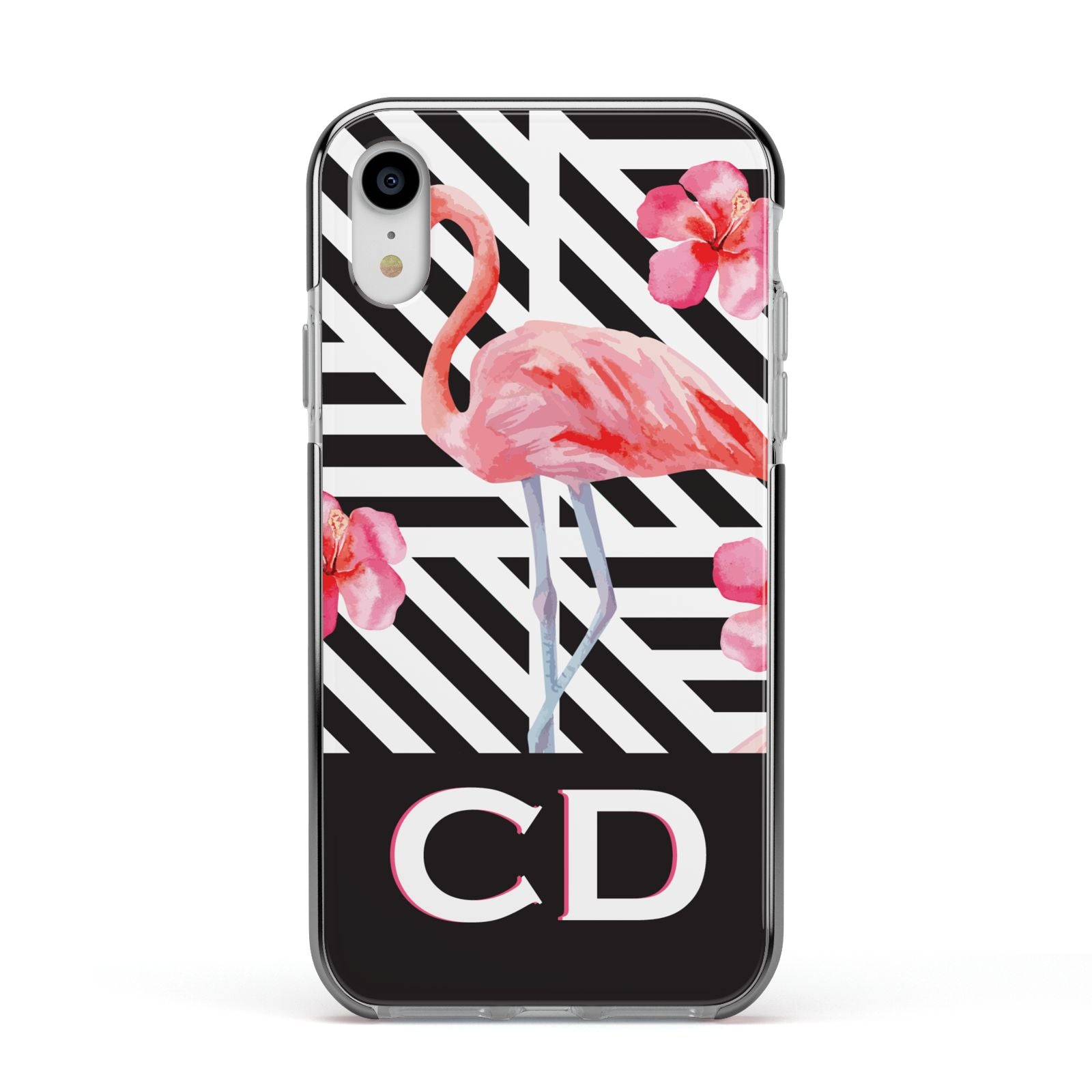 Flamingo Black Geometric Apple iPhone XR Impact Case Black Edge on Silver Phone