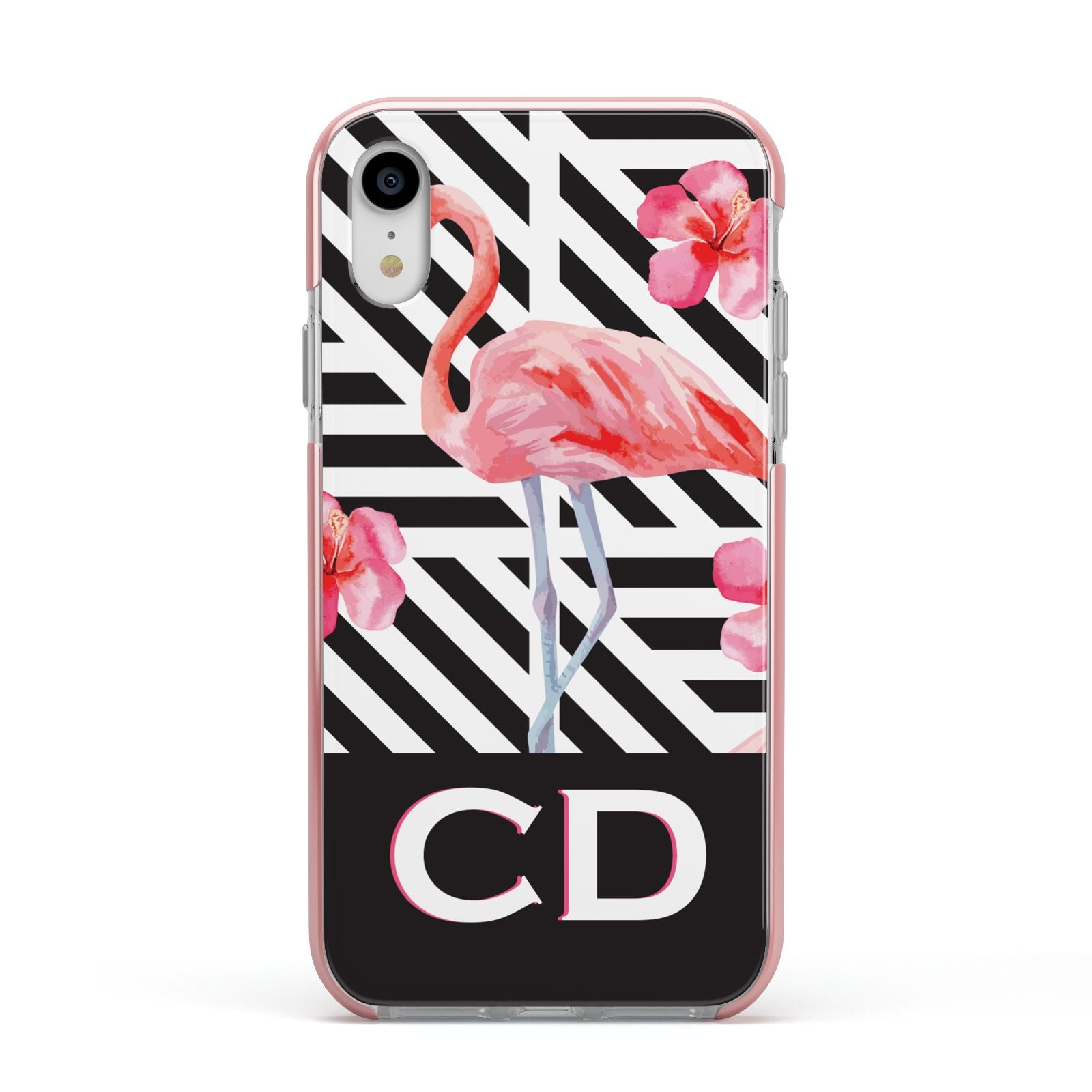 Flamingo Black Geometric Apple iPhone XR Impact Case Pink Edge on Silver Phone