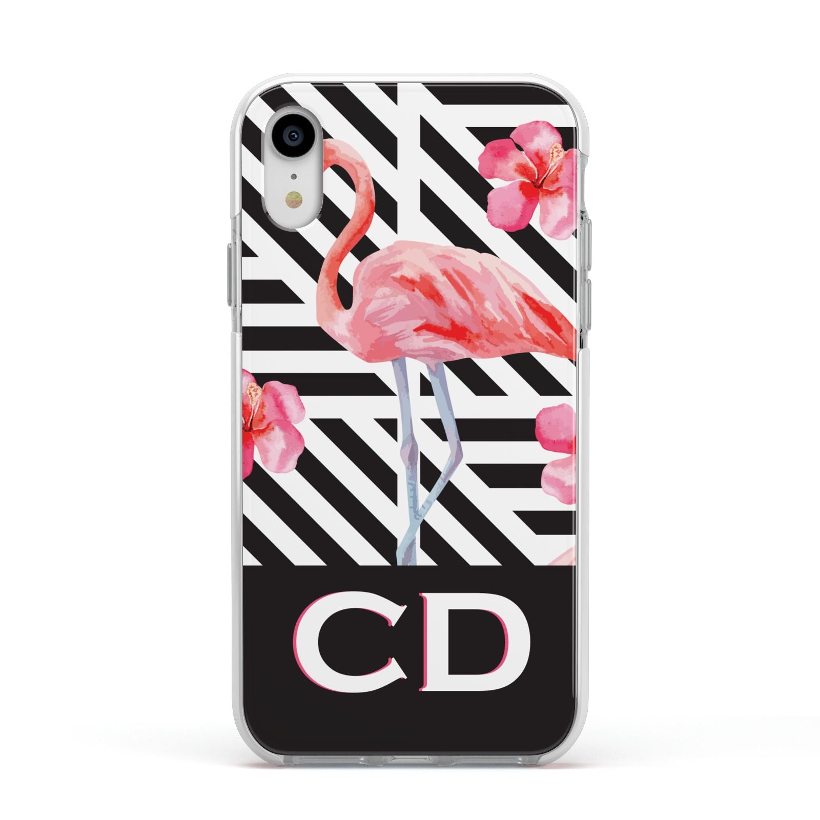 Flamingo Black Geometric Apple iPhone XR Impact Case White Edge on Silver Phone