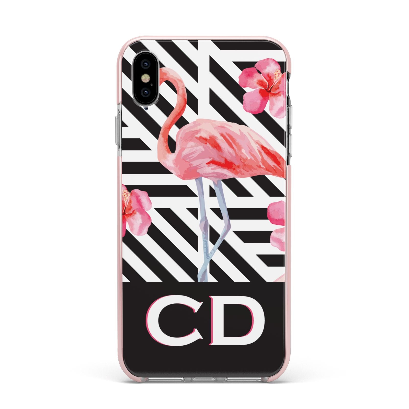 Flamingo Black Geometric Apple iPhone Xs Max Impact Case Pink Edge on Silver Phone