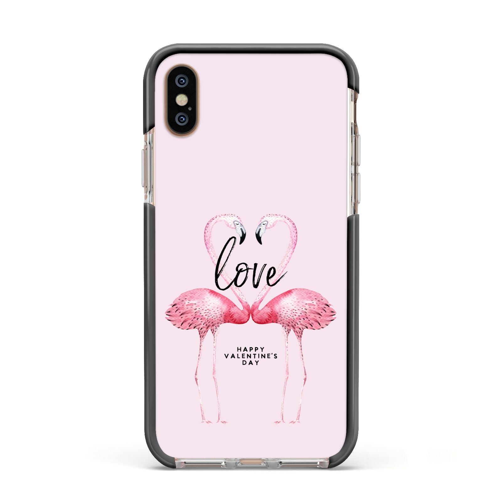 Flamingo Valentines Day Apple iPhone Xs Impact Case Black Edge on Gold Phone