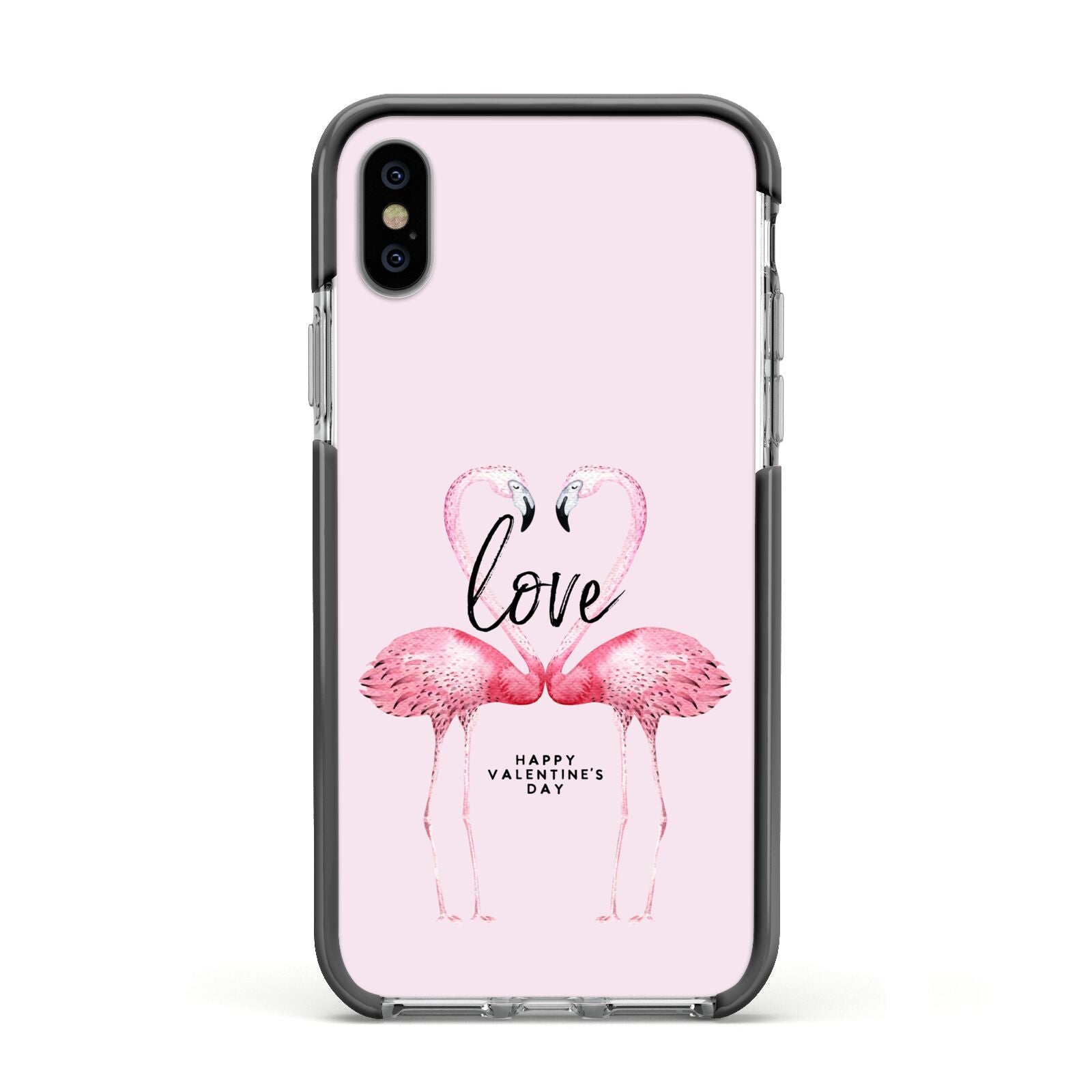 Flamingo Valentines Day Apple iPhone Xs Impact Case Black Edge on Silver Phone