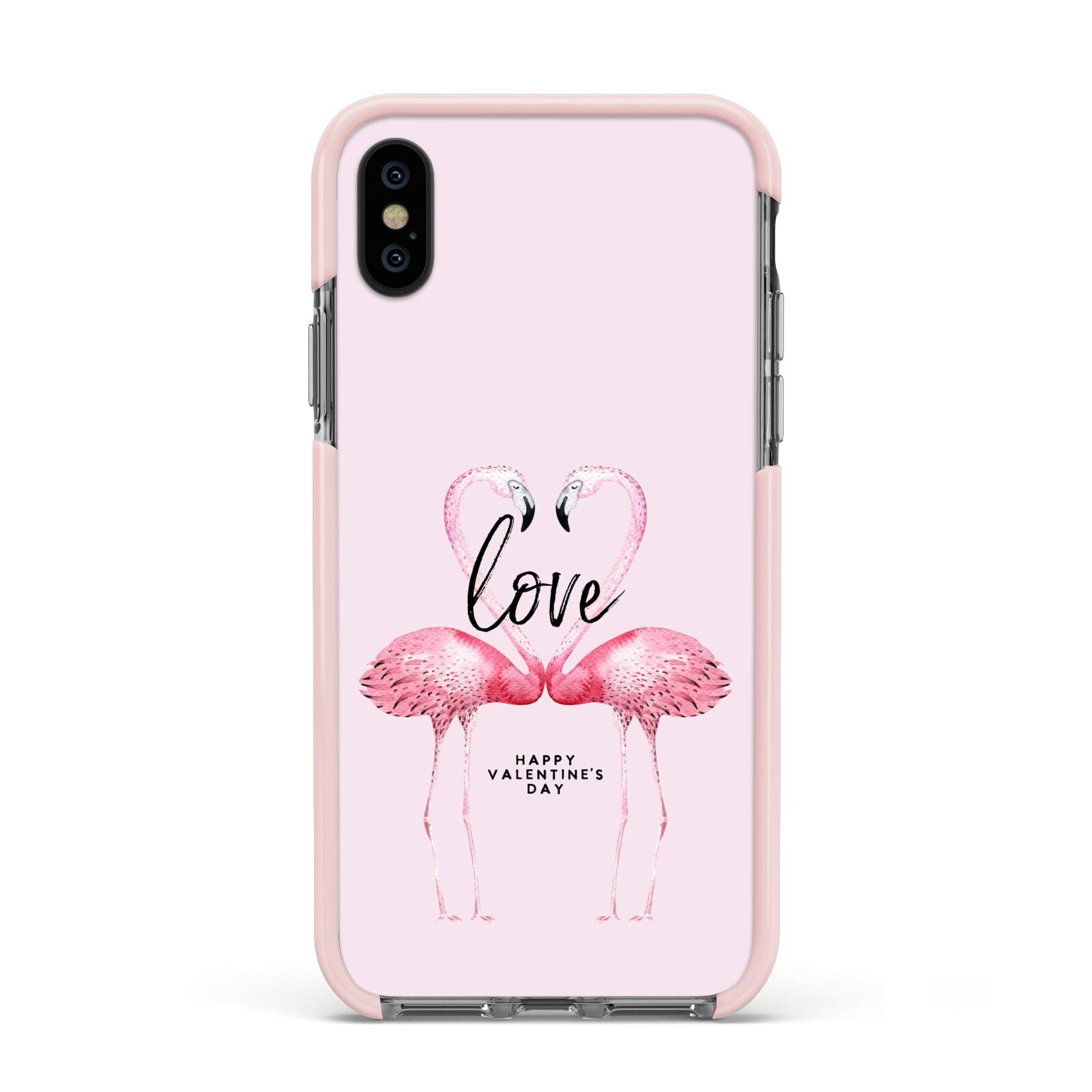 Flamingo Valentines Day Apple iPhone Xs Impact Case Pink Edge on Black Phone