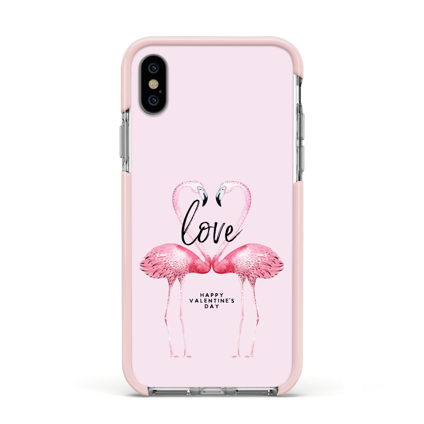 Flamingo Valentines Day Apple iPhone Xs Impact Case Pink Edge on Silver Phone