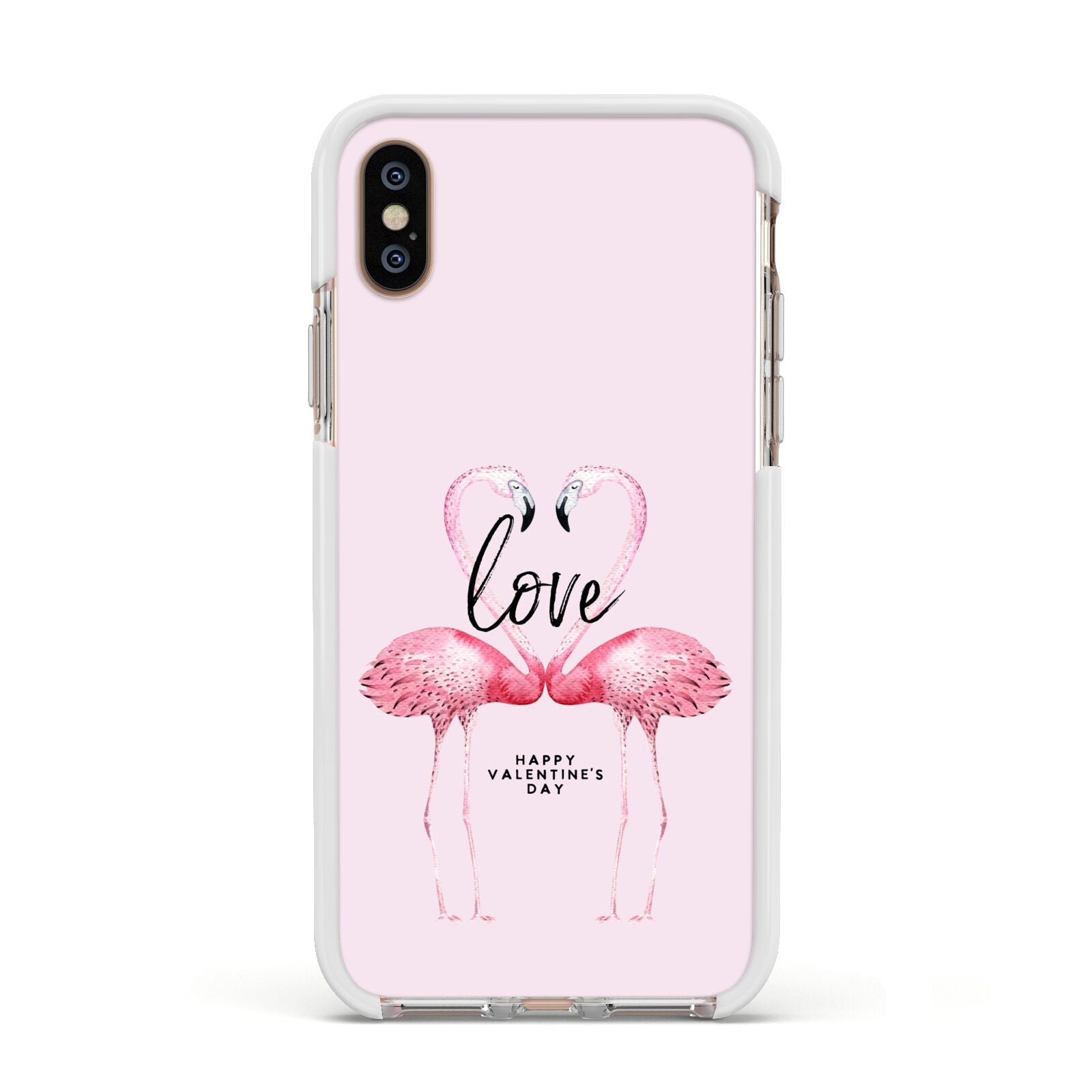 Flamingo Valentines Day Apple iPhone Xs Impact Case White Edge on Gold Phone