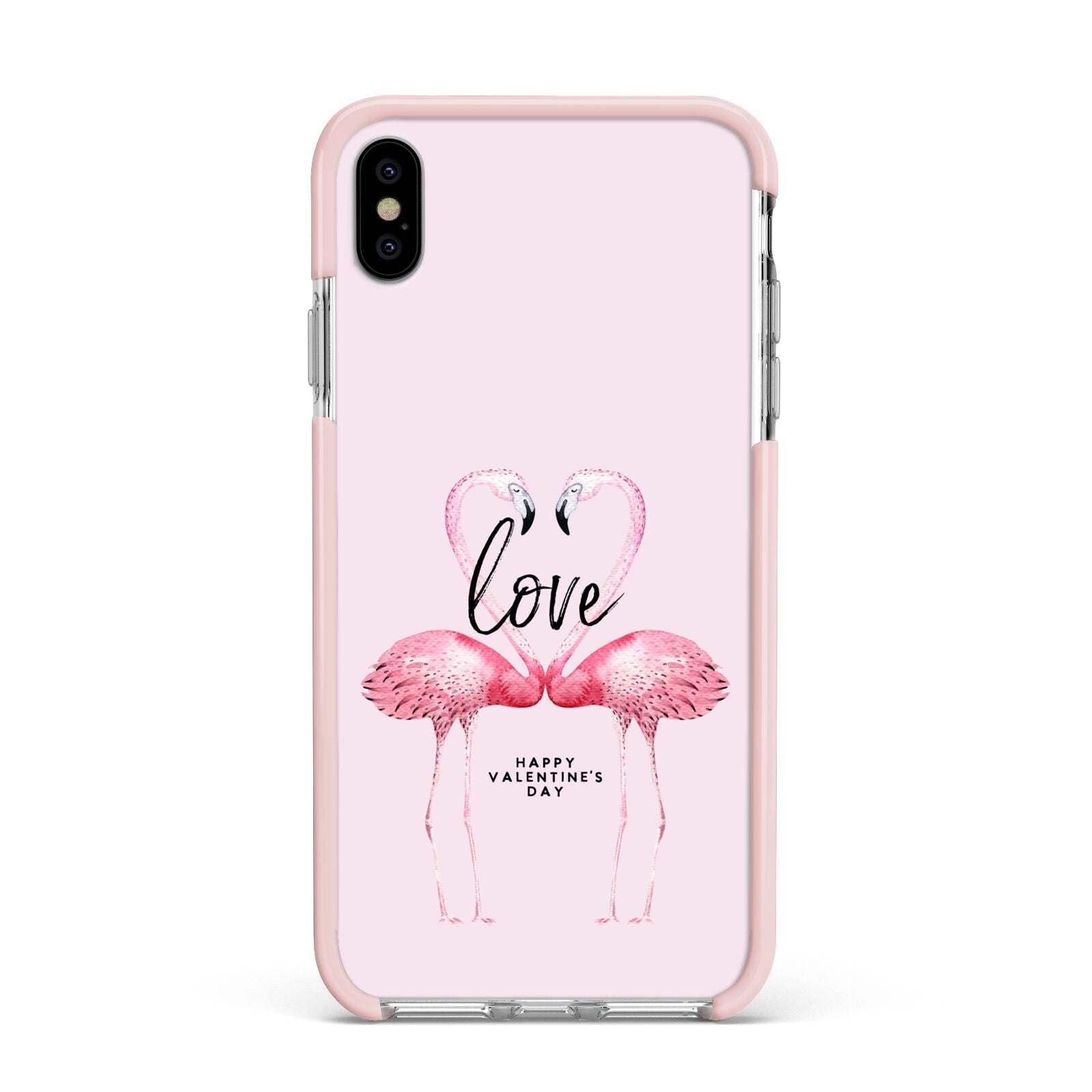 Flamingo Valentines Day Apple iPhone Xs Max Impact Case Pink Edge on Silver Phone