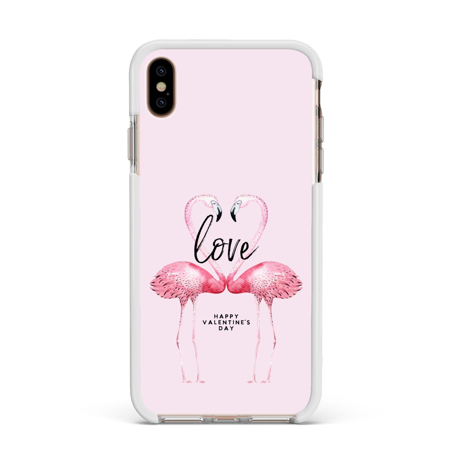 Flamingo Valentines Day Apple iPhone Xs Max Impact Case White Edge on Gold Phone