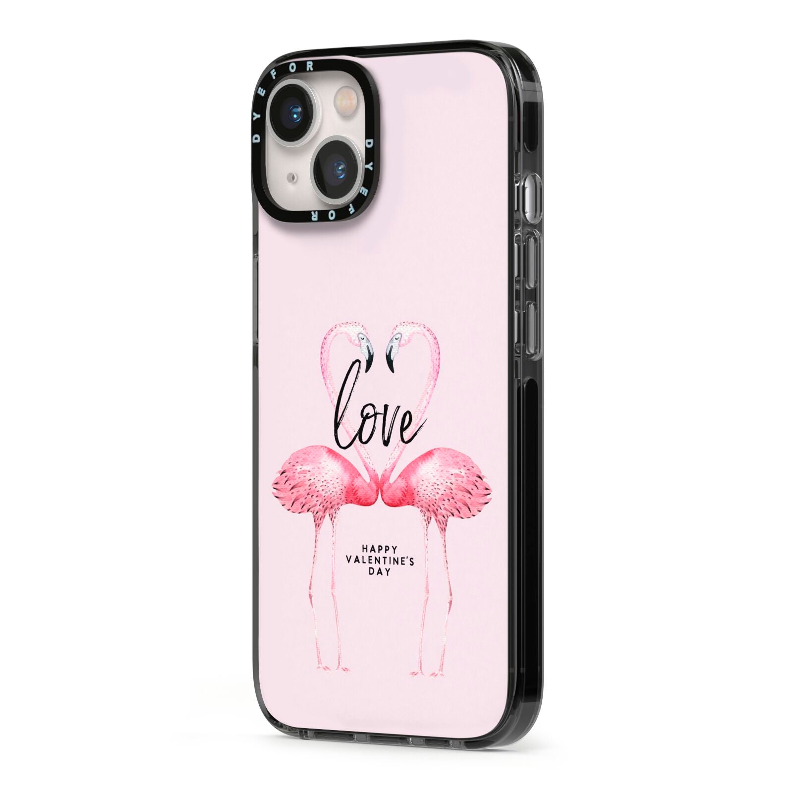 Flamingo Valentines Day iPhone 13 Black Impact Case Side Angle on Silver phone