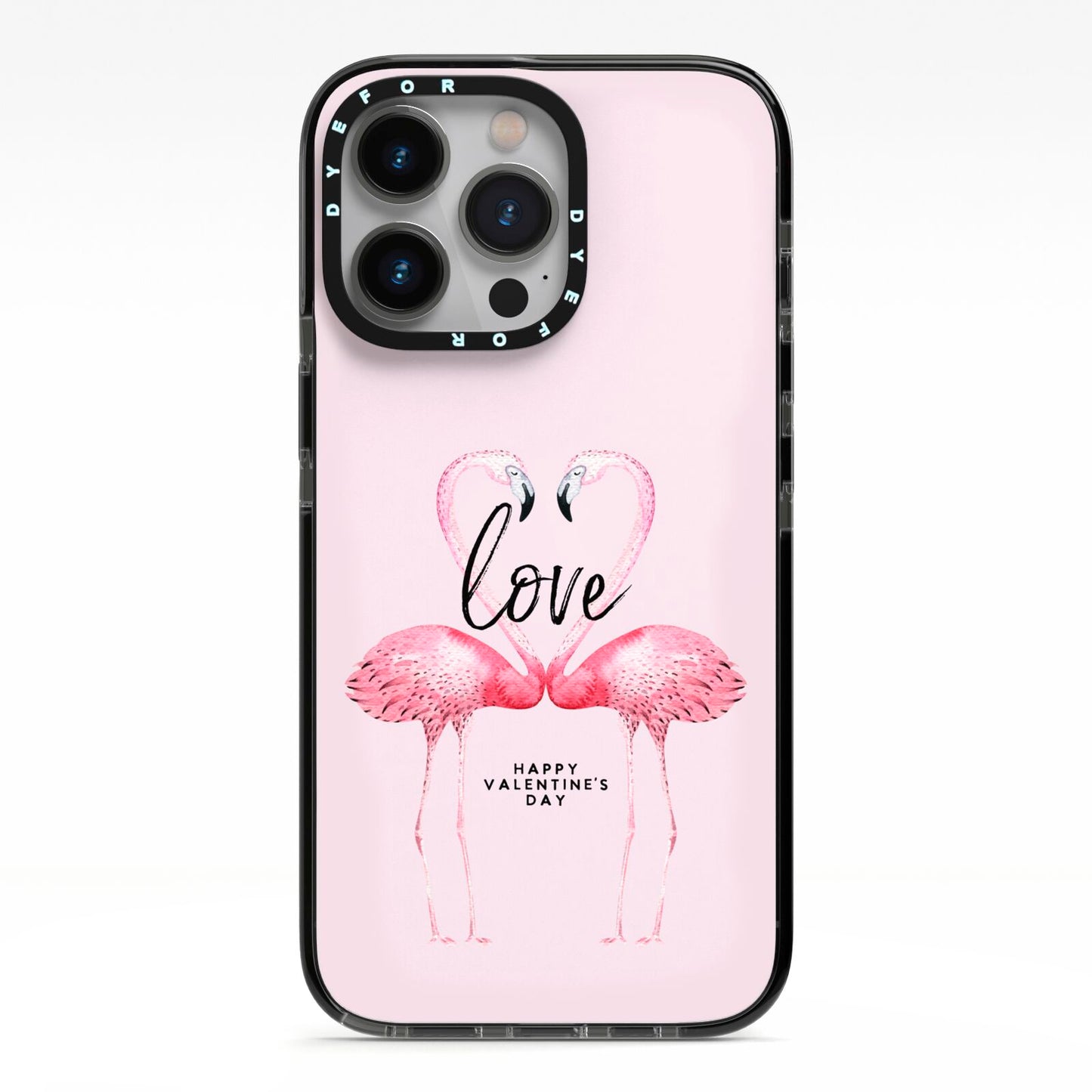 Flamingo Valentines Day iPhone 13 Pro Black Impact Case on Silver phone