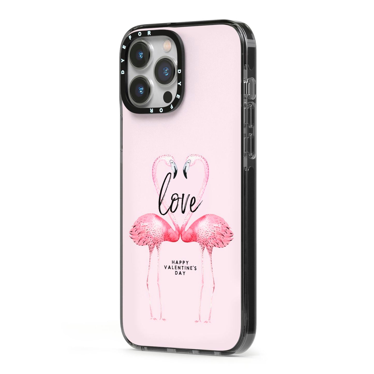 Flamingo Valentines Day iPhone 13 Pro Max Black Impact Case Side Angle on Silver phone