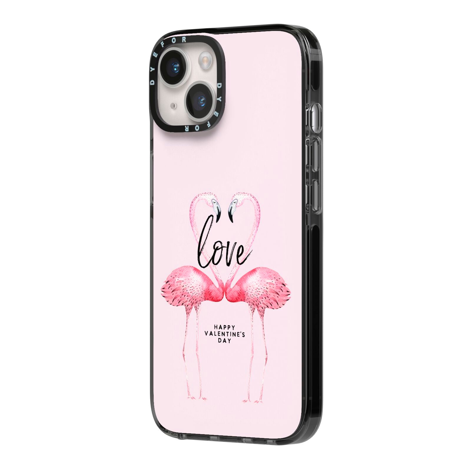 Flamingo Valentines Day iPhone 14 Black Impact Case Side Angle on Silver phone