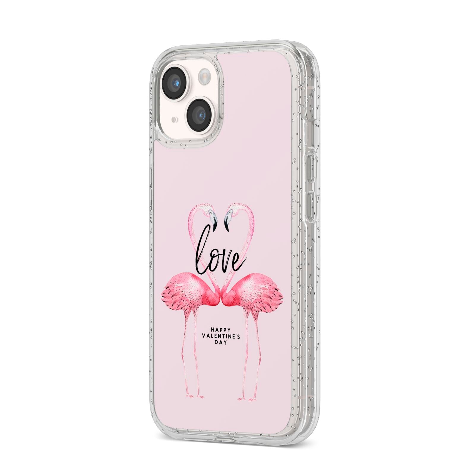 Flamingo Valentines Day iPhone 14 Glitter Tough Case Starlight Angled Image