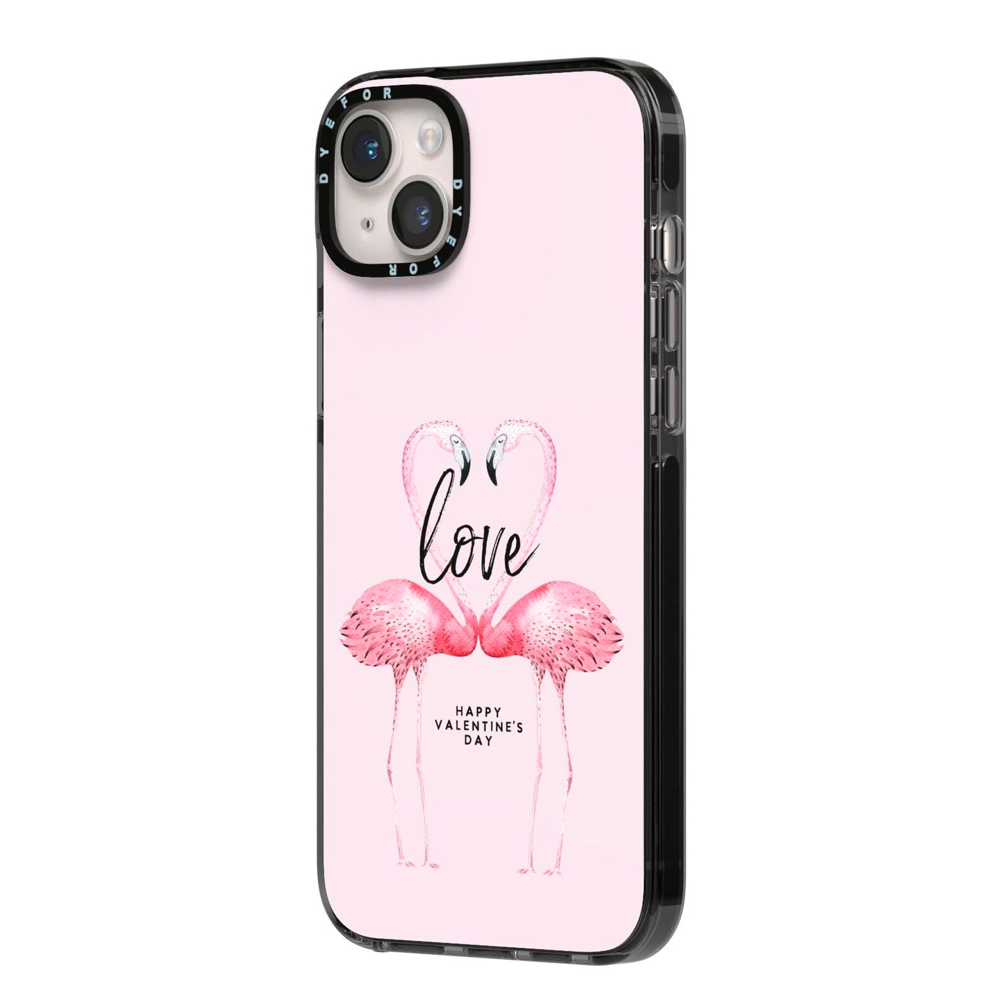 Flamingo Valentines Day iPhone 14 Plus Black Impact Case Side Angle on Silver phone
