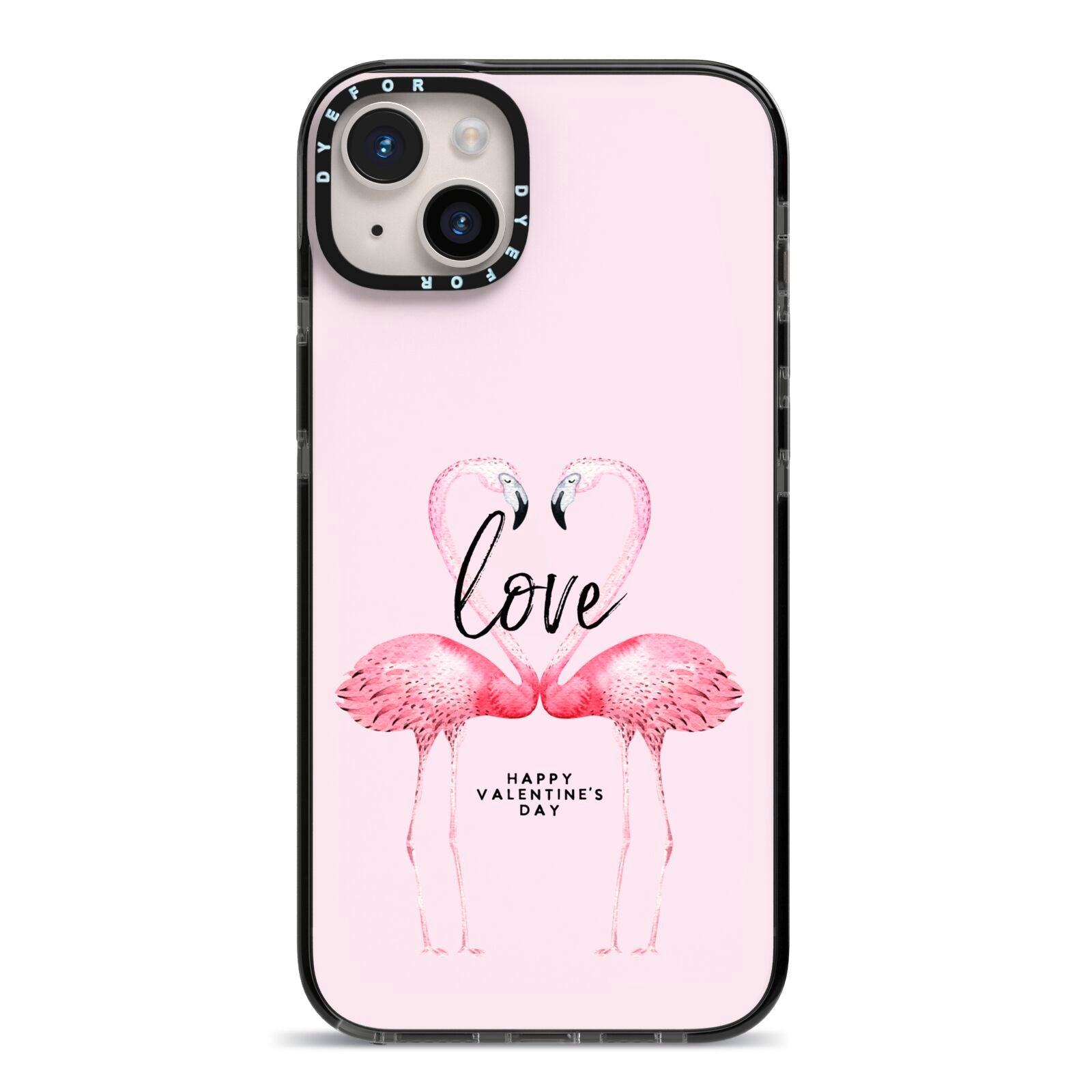 Flamingo Valentines Day iPhone 14 Plus Black Impact Case on Silver phone