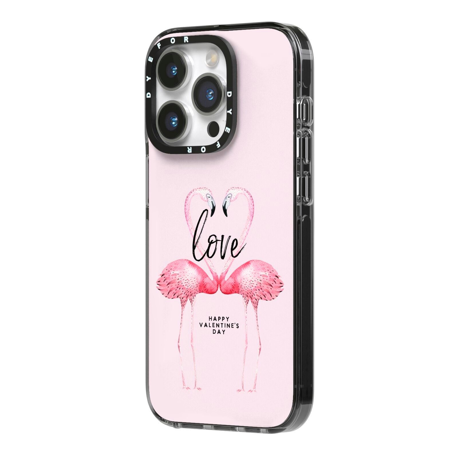 Flamingo Valentines Day iPhone 14 Pro Black Impact Case Side Angle on Silver phone