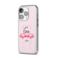 Flamingo Valentines Day iPhone 14 Pro Clear Tough Case Silver Angled Image