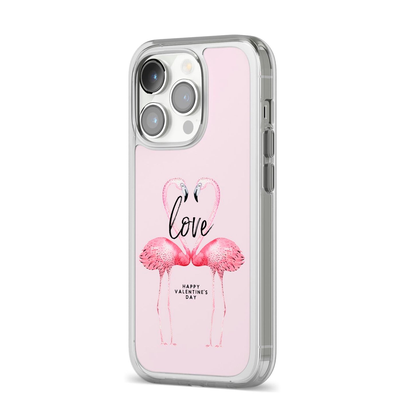 Flamingo Valentines Day iPhone 14 Pro Clear Tough Case Silver Angled Image
