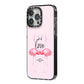 Flamingo Valentines Day iPhone 14 Pro Max Black Impact Case Side Angle on Silver phone