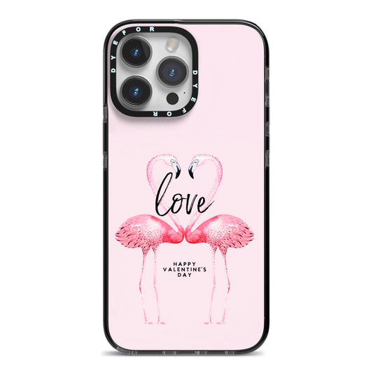 Flamingo Valentines Day iPhone 14 Pro Max Black Impact Case on Silver phone
