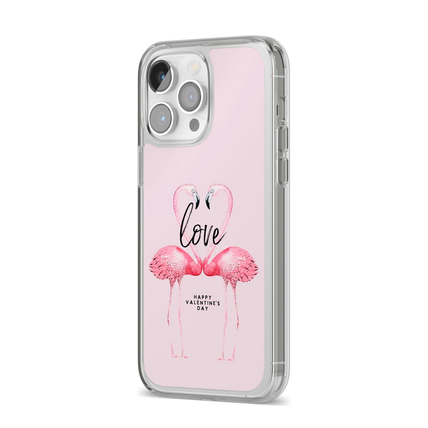 Flamingo Valentines Day iPhone 14 Pro Max Clear Tough Case Silver Angled Image