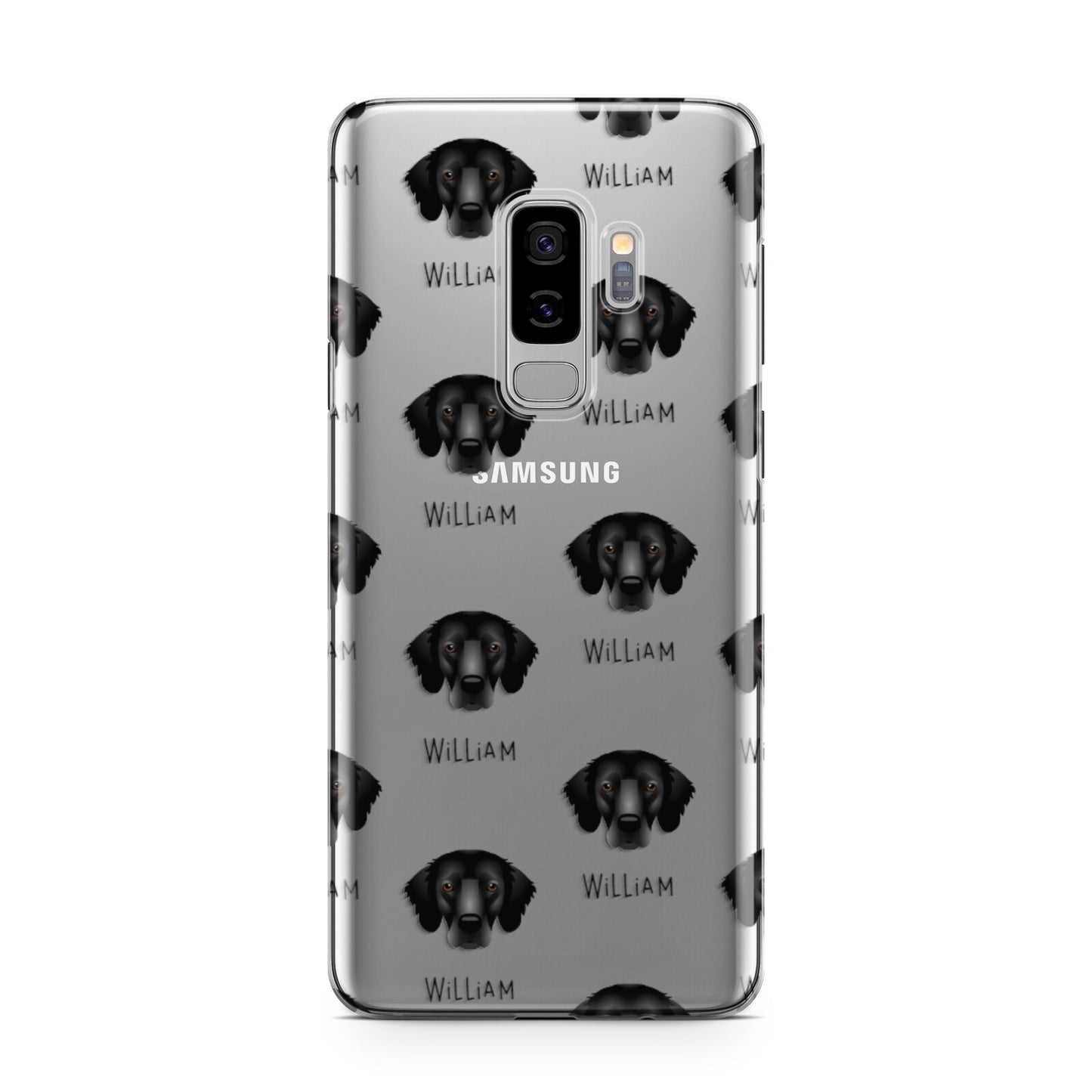 Flat Coated Retriever Icon with Name Samsung Galaxy S9 Plus Case on Silver phone