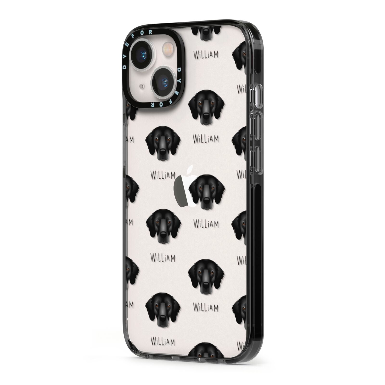 Flat Coated Retriever Icon with Name iPhone 13 Black Impact Case Side Angle on Silver phone