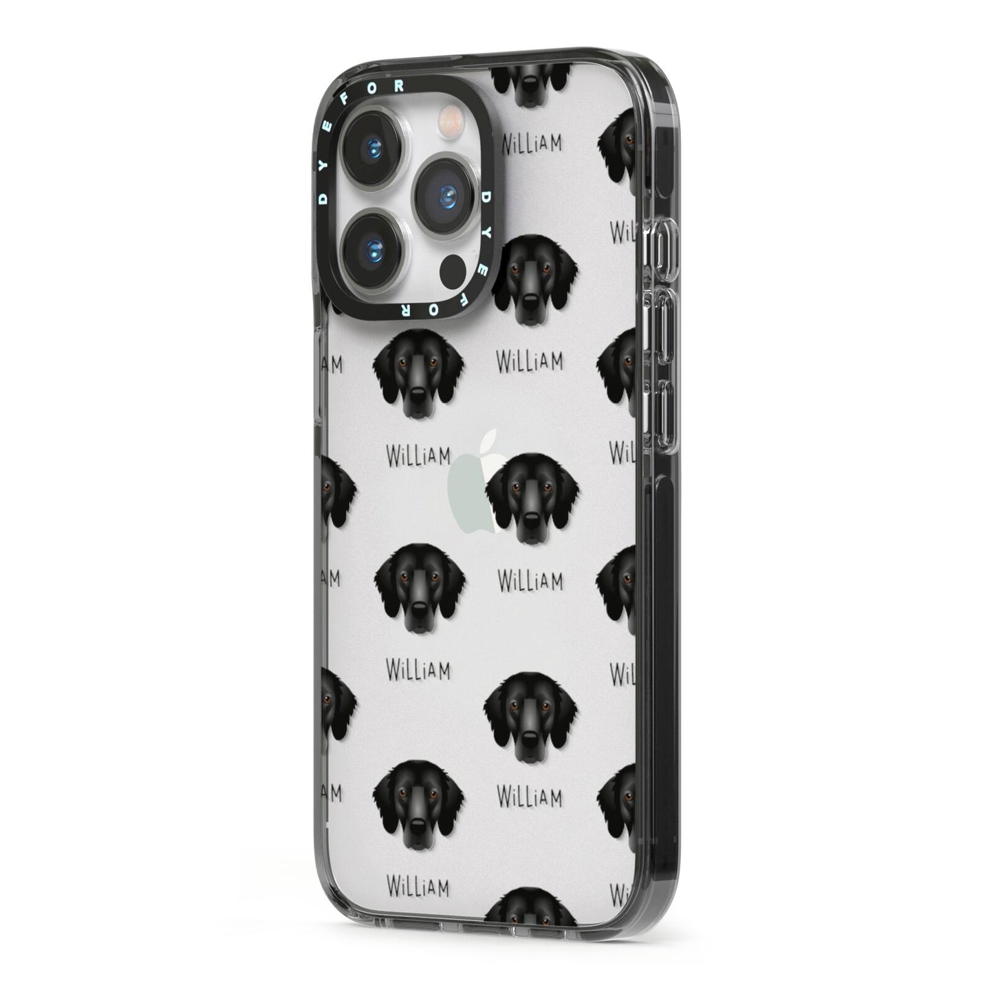 Flat Coated Retriever Icon with Name iPhone 13 Pro Black Impact Case Side Angle on Silver phone