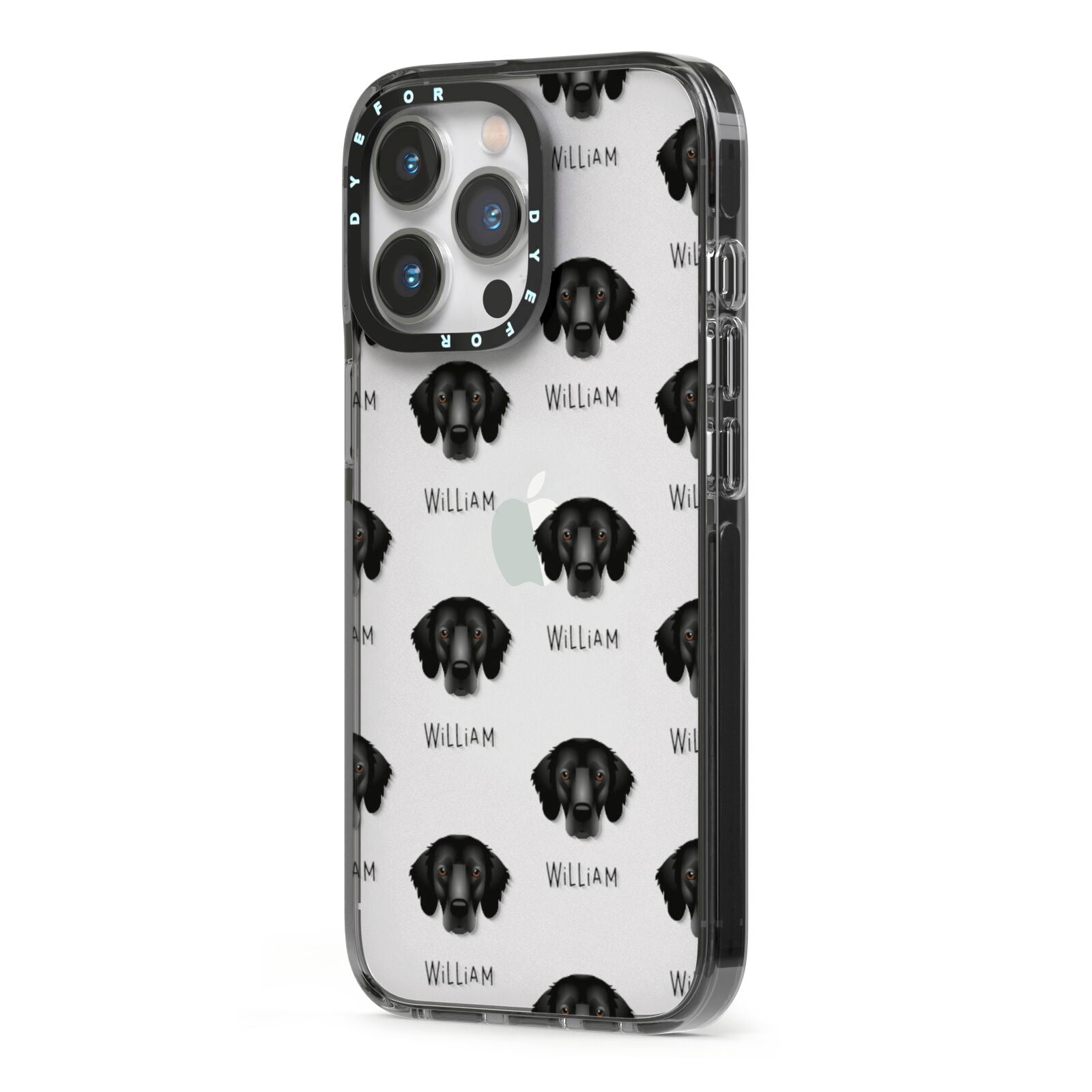 Flat Coated Retriever Icon with Name iPhone 13 Pro Black Impact Case Side Angle on Silver phone