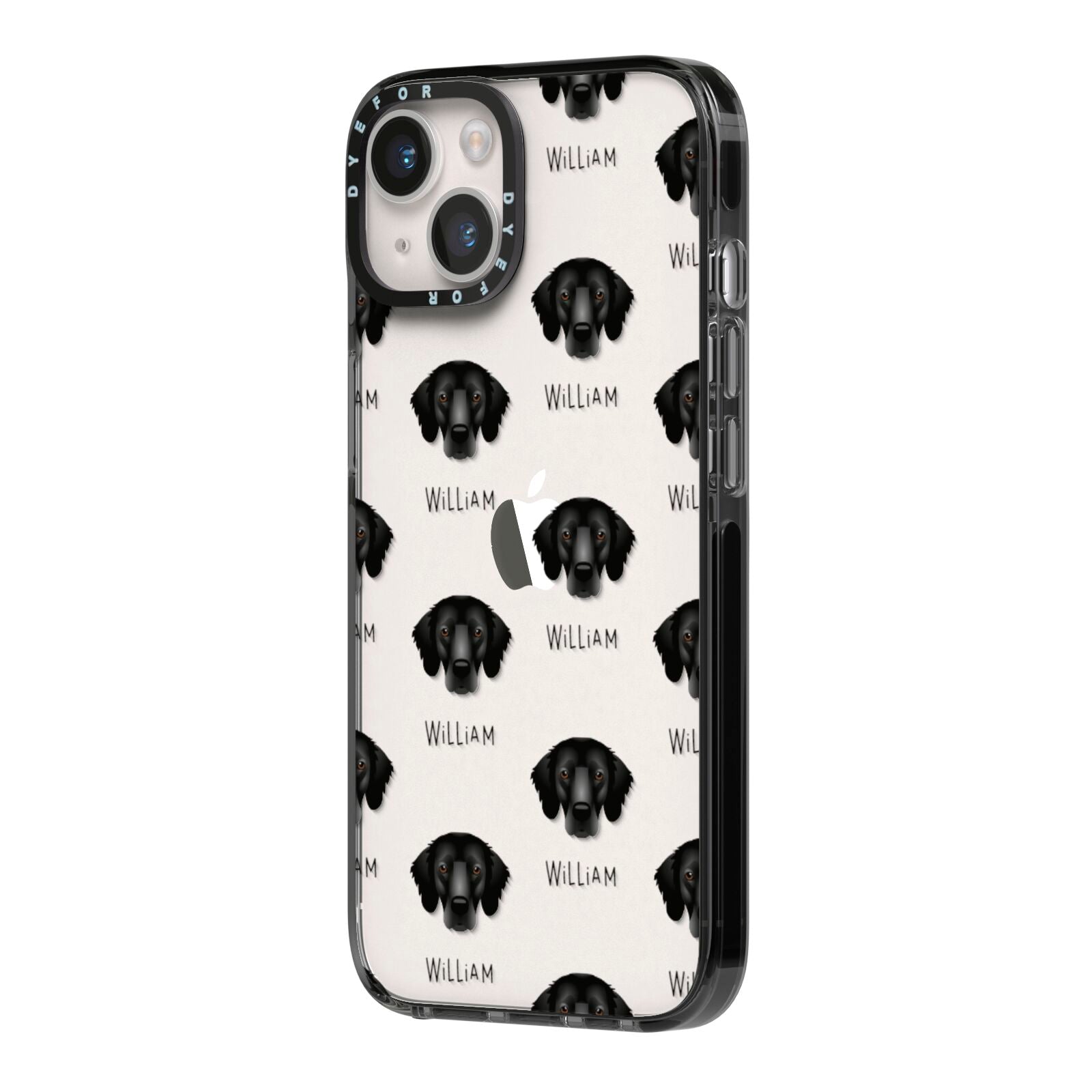 Flat Coated Retriever Icon with Name iPhone 14 Black Impact Case Side Angle on Silver phone