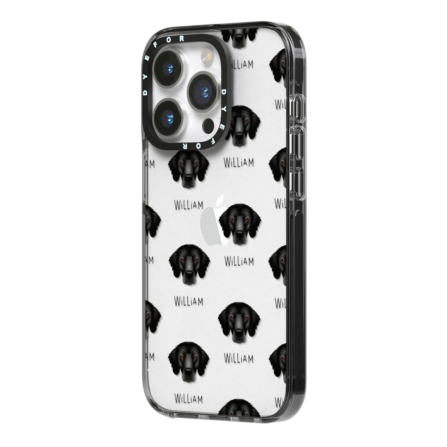 Flat Coated Retriever Icon with Name iPhone 14 Pro Black Impact Case Side Angle on Silver phone