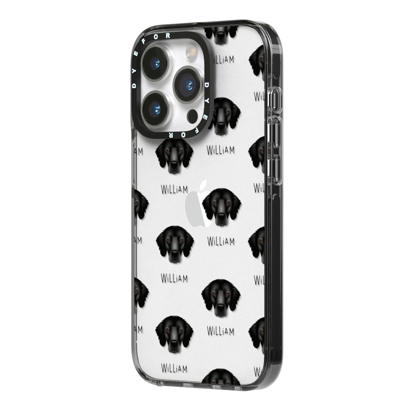 Flat Coated Retriever Icon with Name iPhone 14 Pro Black Impact Case Side Angle on Silver phone