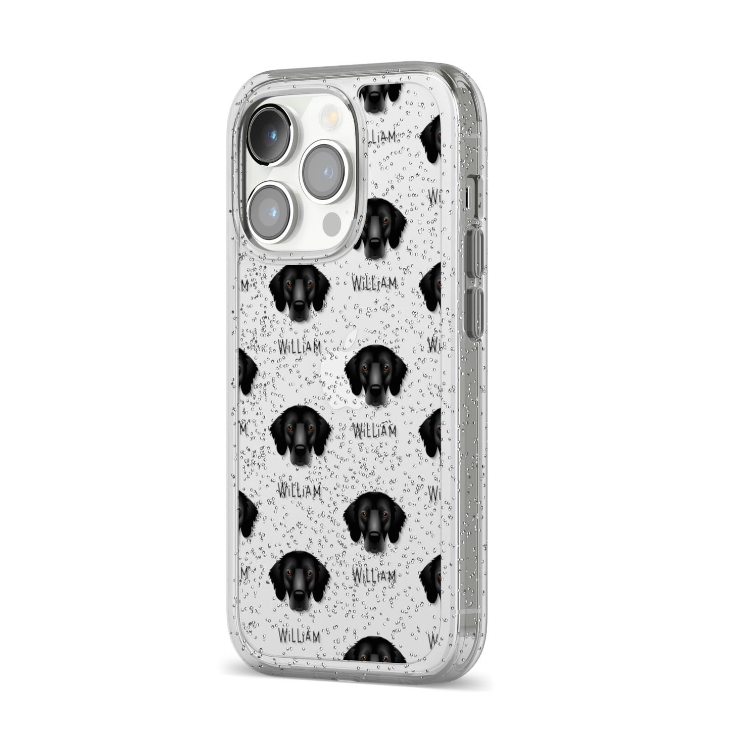 Flat Coated Retriever Icon with Name iPhone 14 Pro Glitter Tough Case Silver Angled Image