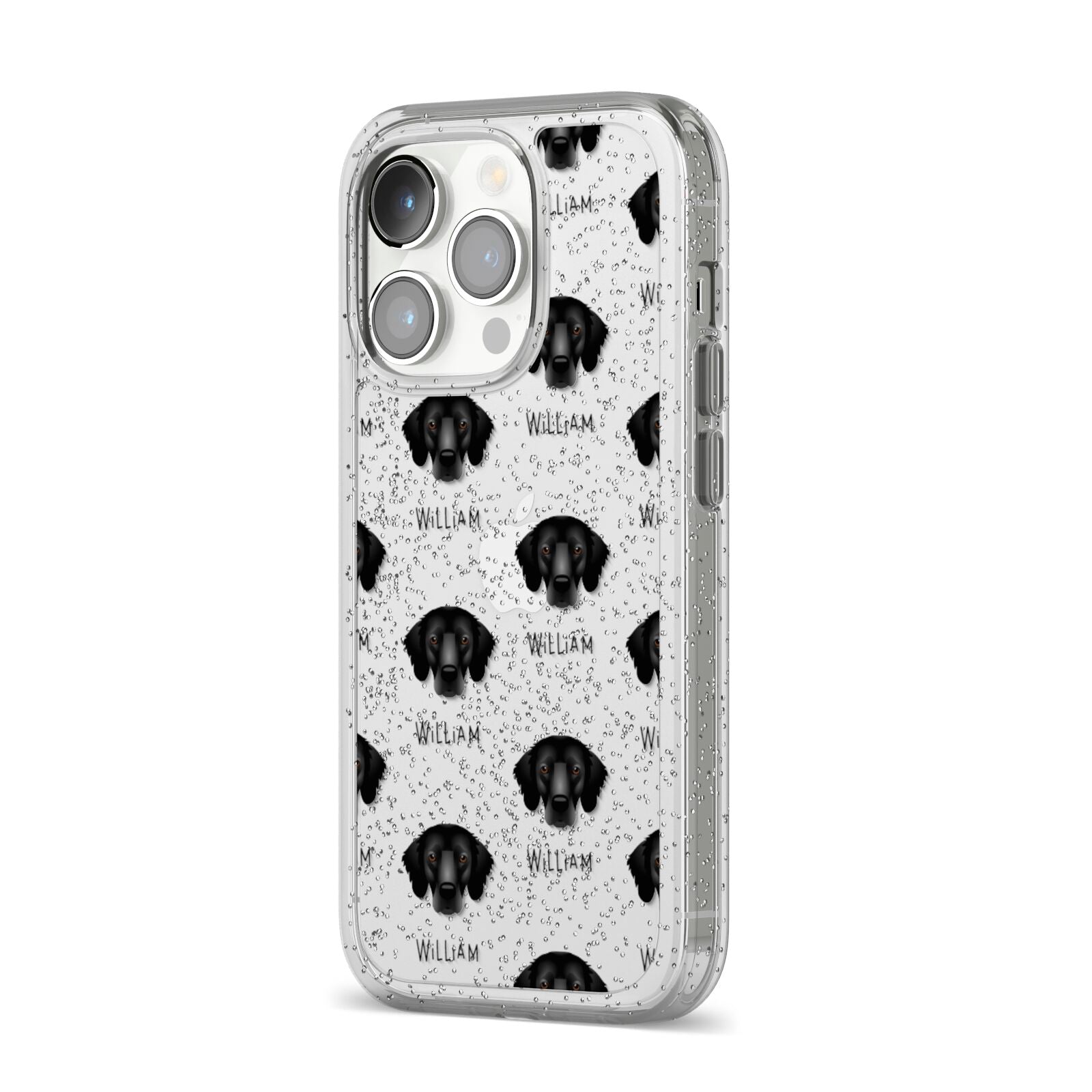Flat Coated Retriever Icon with Name iPhone 14 Pro Glitter Tough Case Silver Angled Image