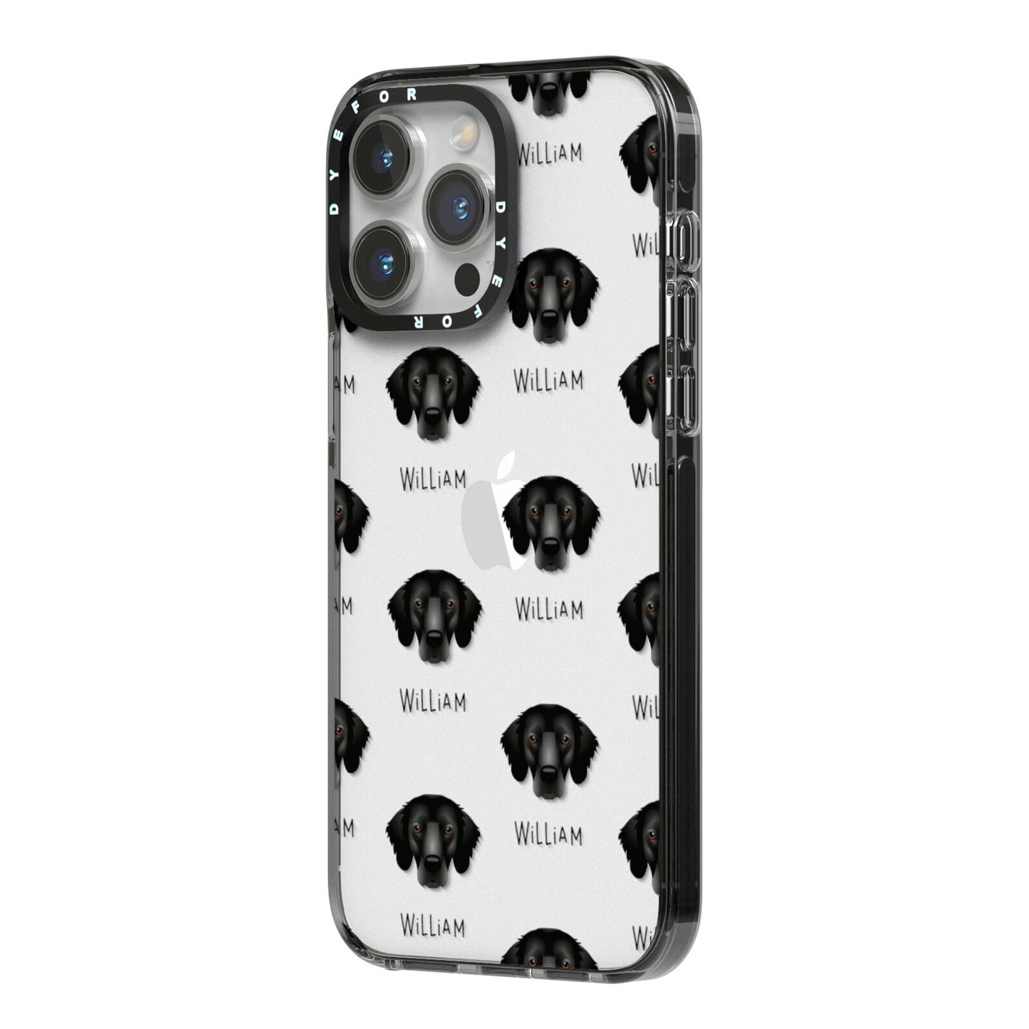 Flat Coated Retriever Icon with Name iPhone 14 Pro Max Black Impact Case Side Angle on Silver phone