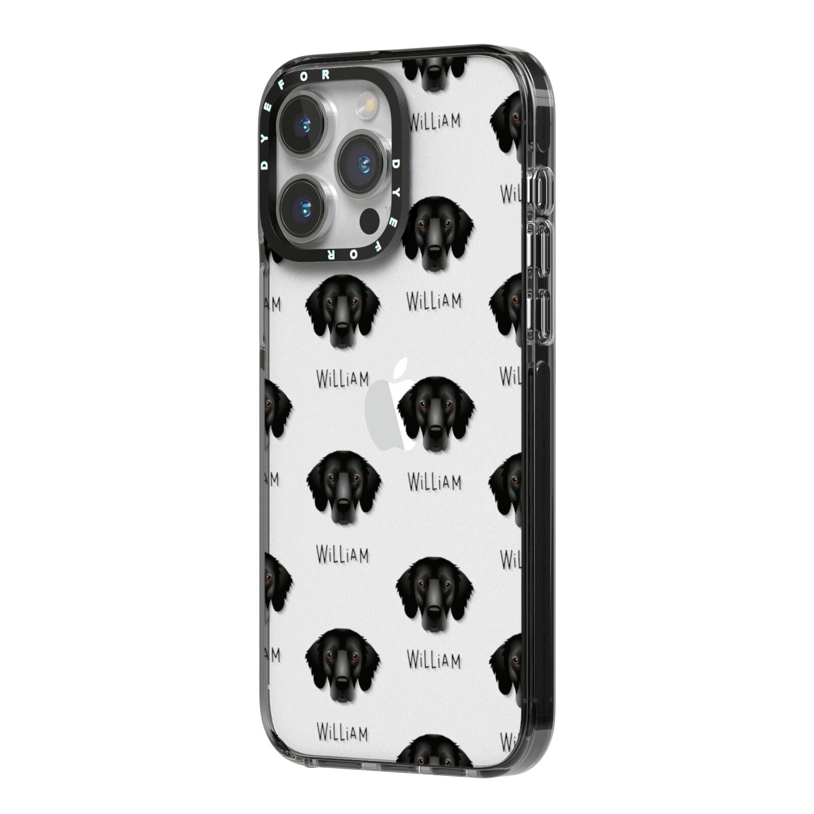 Flat Coated Retriever Icon with Name iPhone 14 Pro Max Black Impact Case Side Angle on Silver phone