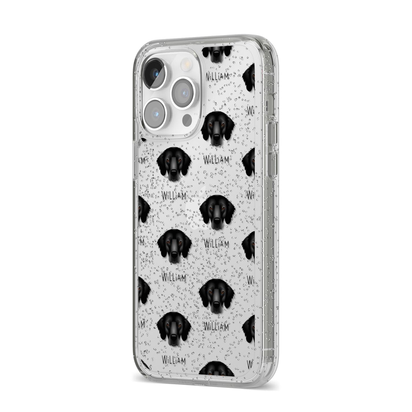 Flat Coated Retriever Icon with Name iPhone 14 Pro Max Glitter Tough Case Silver Angled Image
