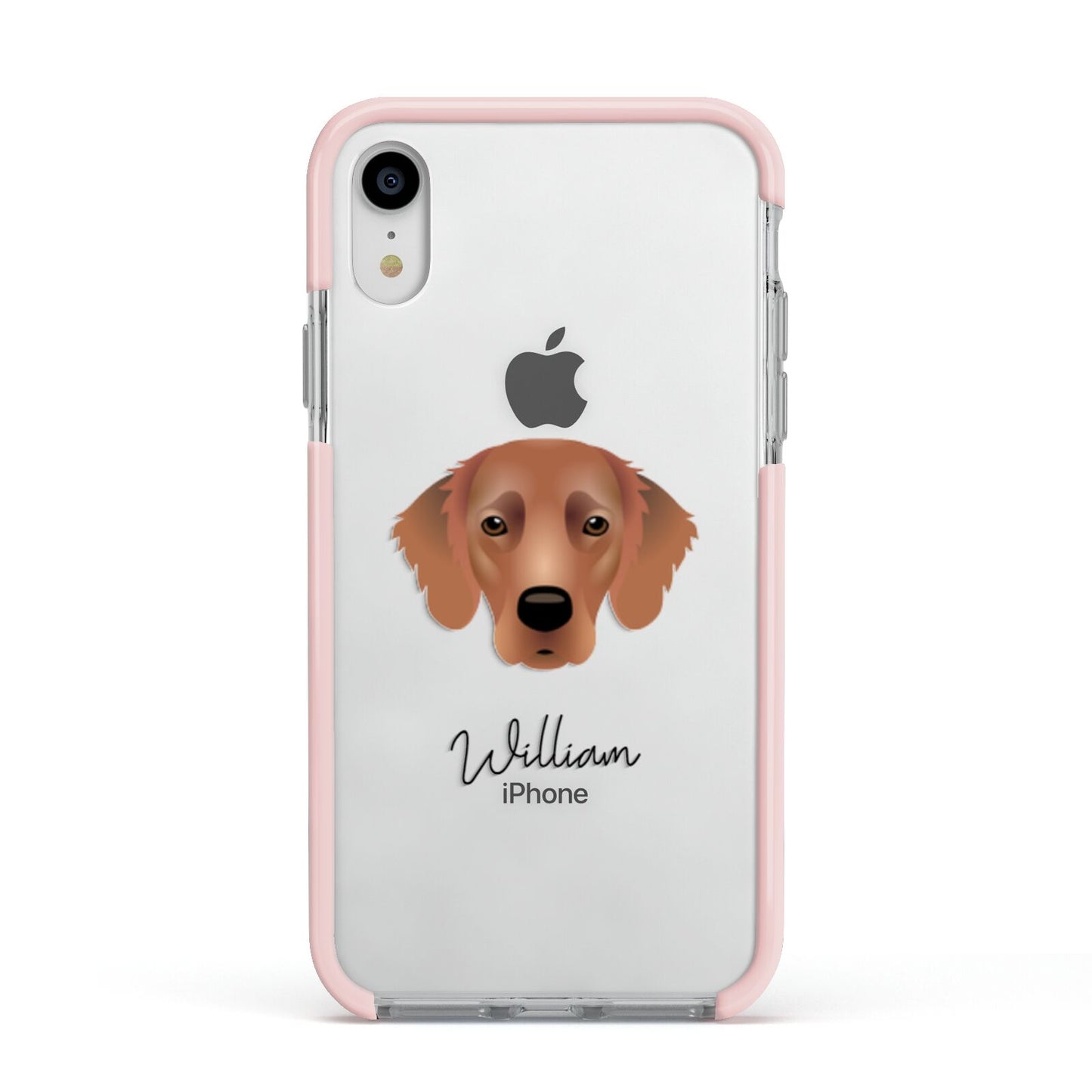 Flat Coated Retriever Personalised Apple iPhone XR Impact Case Pink Edge on Silver Phone