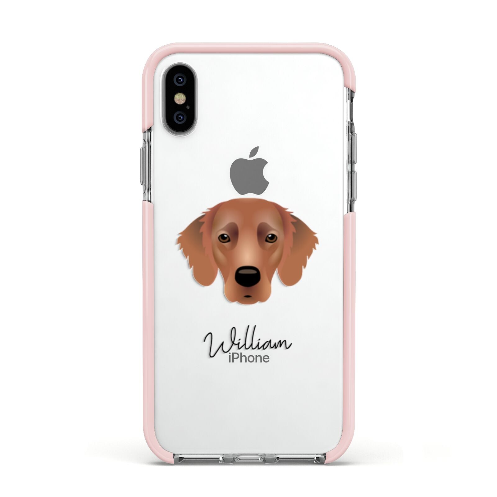 Flat Coated Retriever Personalised Apple iPhone Xs Impact Case Pink Edge on Silver Phone