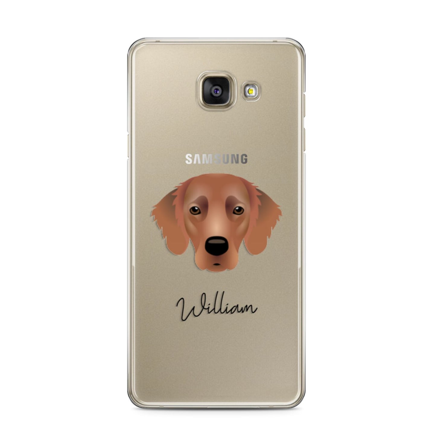 Flat Coated Retriever Personalised Samsung Galaxy A3 2016 Case on gold phone