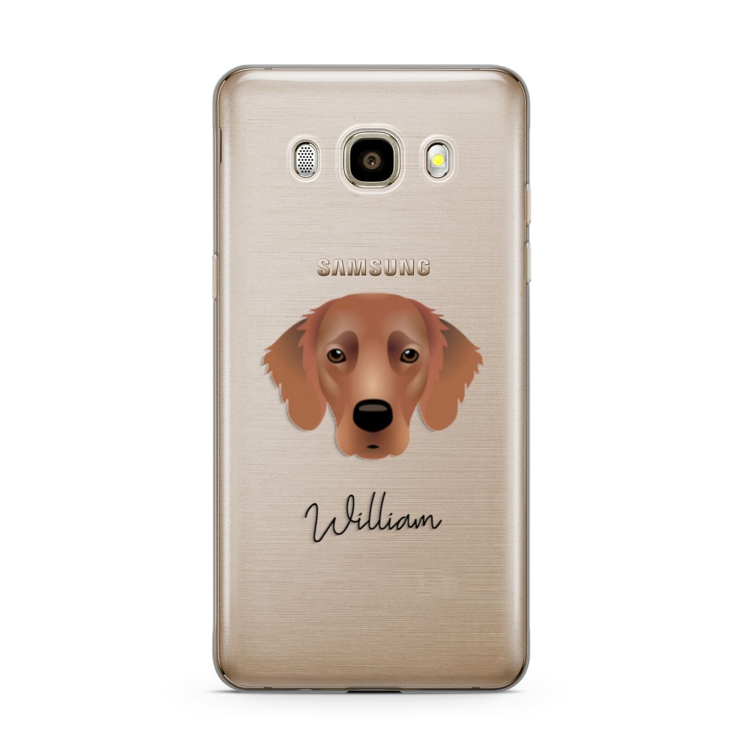 Flat Coated Retriever Personalised Samsung Galaxy J7 2016 Case on gold phone
