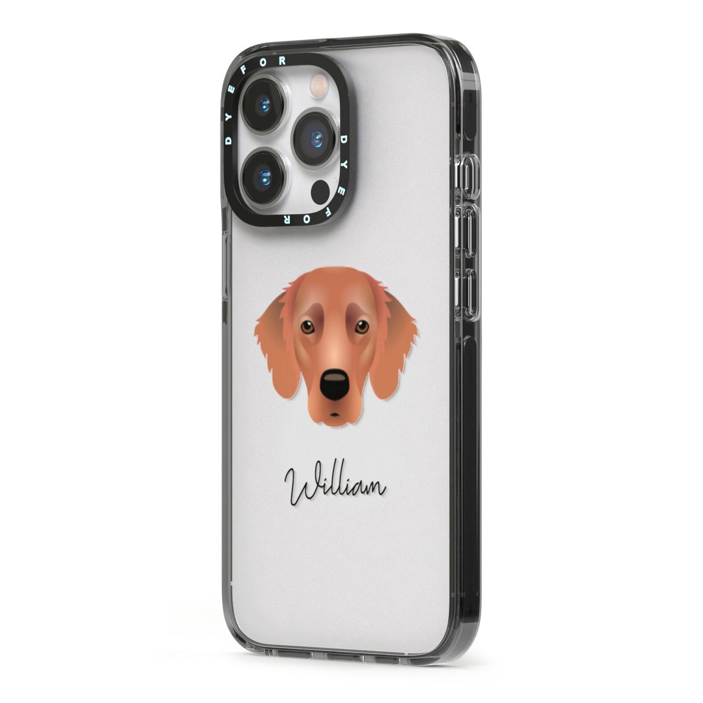 Flat Coated Retriever Personalised iPhone 13 Pro Black Impact Case Side Angle on Silver phone