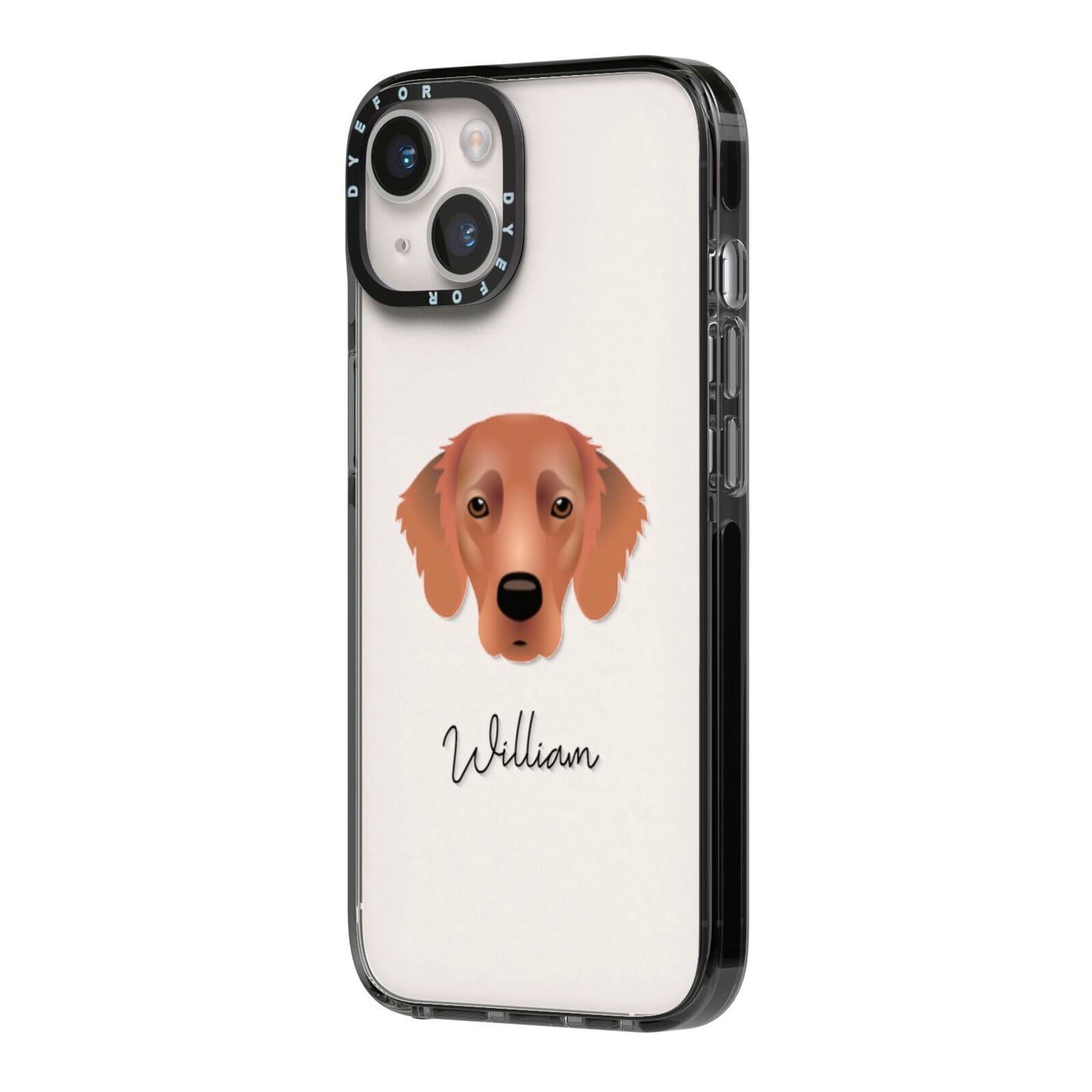 Flat Coated Retriever Personalised iPhone 14 Black Impact Case Side Angle on Silver phone