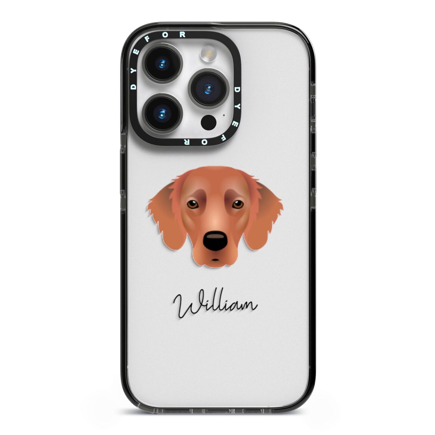 Flat Coated Retriever Personalised iPhone 14 Pro Black Impact Case on Silver phone