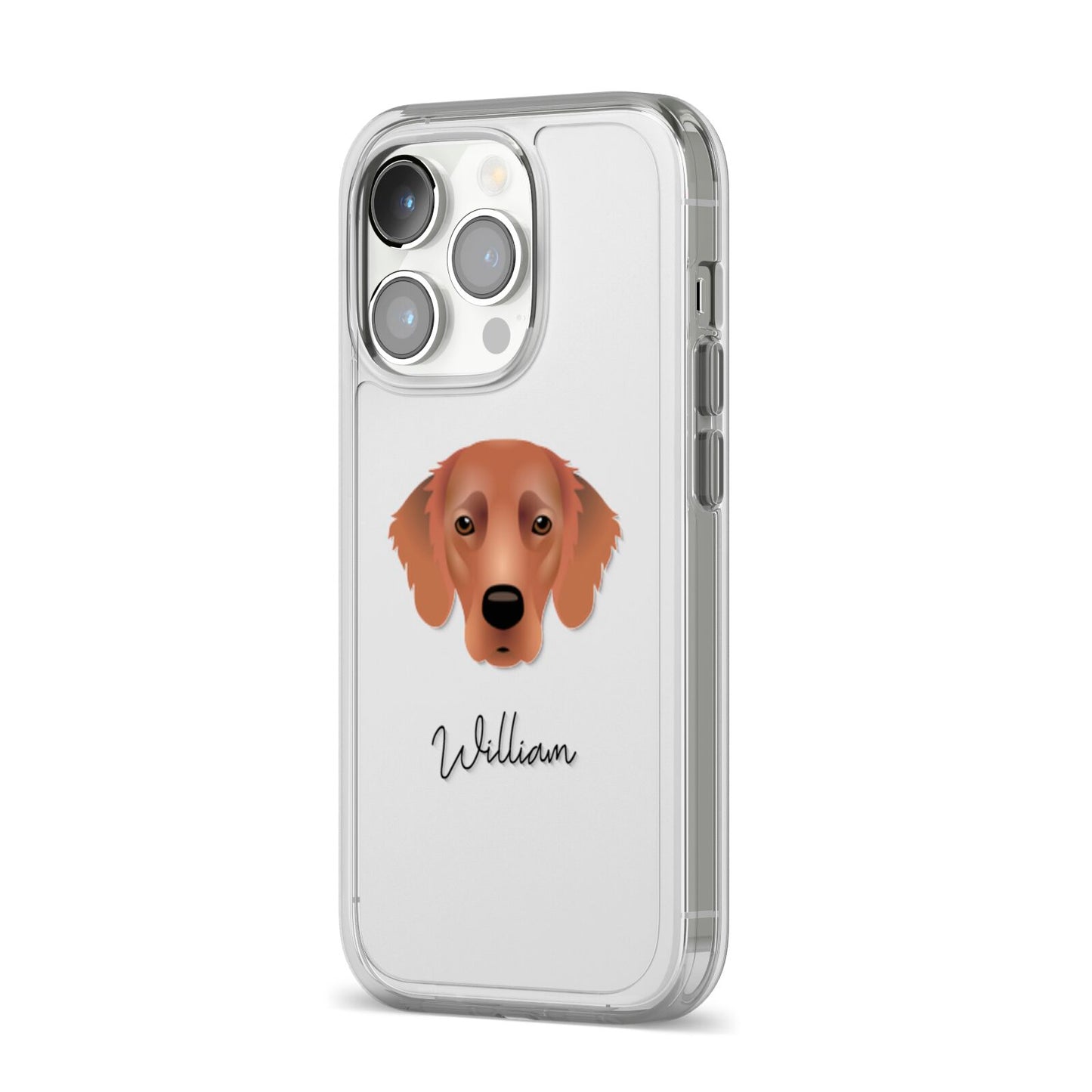 Flat Coated Retriever Personalised iPhone 14 Pro Clear Tough Case Silver Angled Image