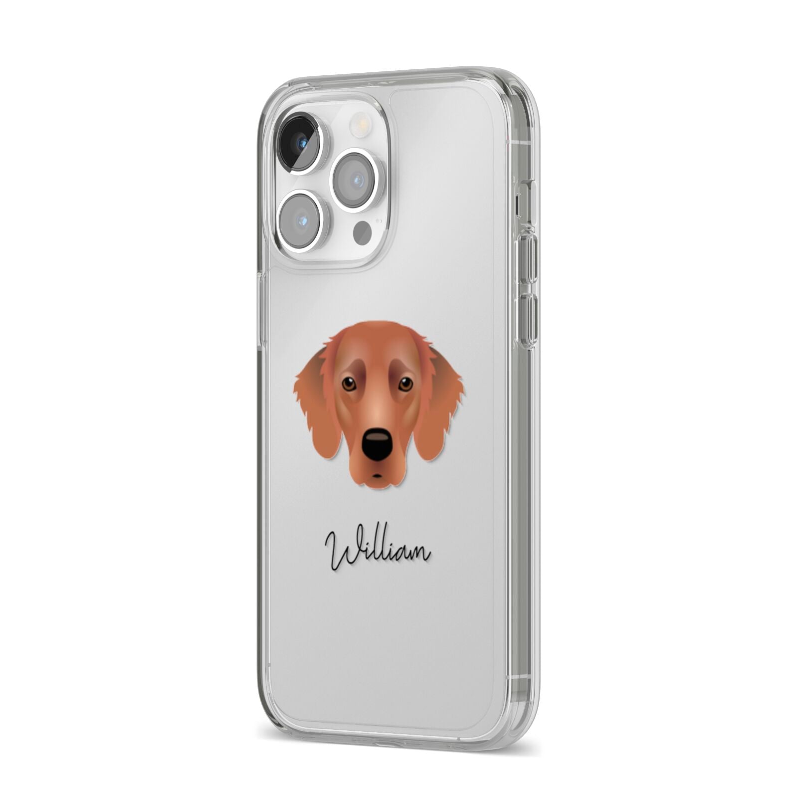 Flat Coated Retriever Personalised iPhone 14 Pro Max Clear Tough Case Silver Angled Image