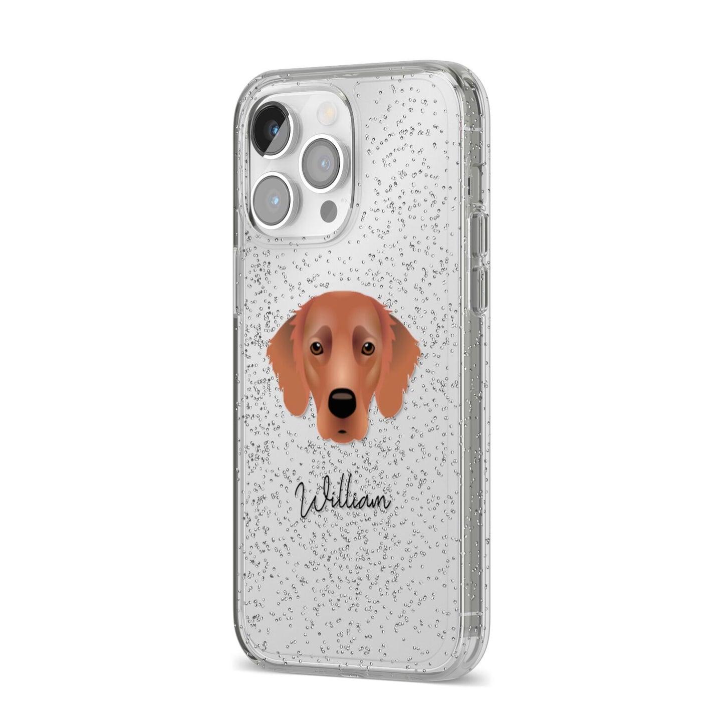 Flat Coated Retriever Personalised iPhone 14 Pro Max Glitter Tough Case Silver Angled Image