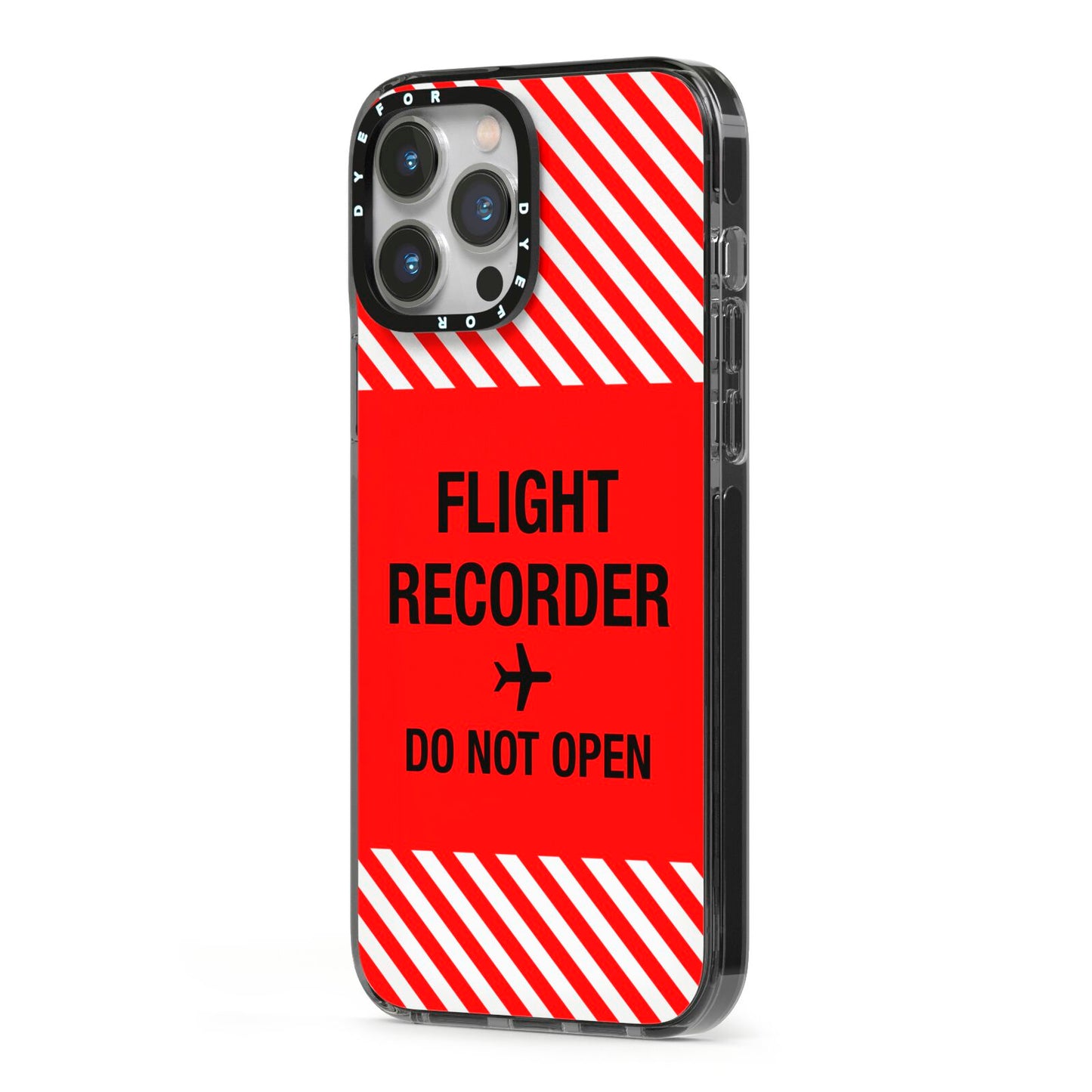 Flight Recorder iPhone 13 Pro Max Black Impact Case Side Angle on Silver phone