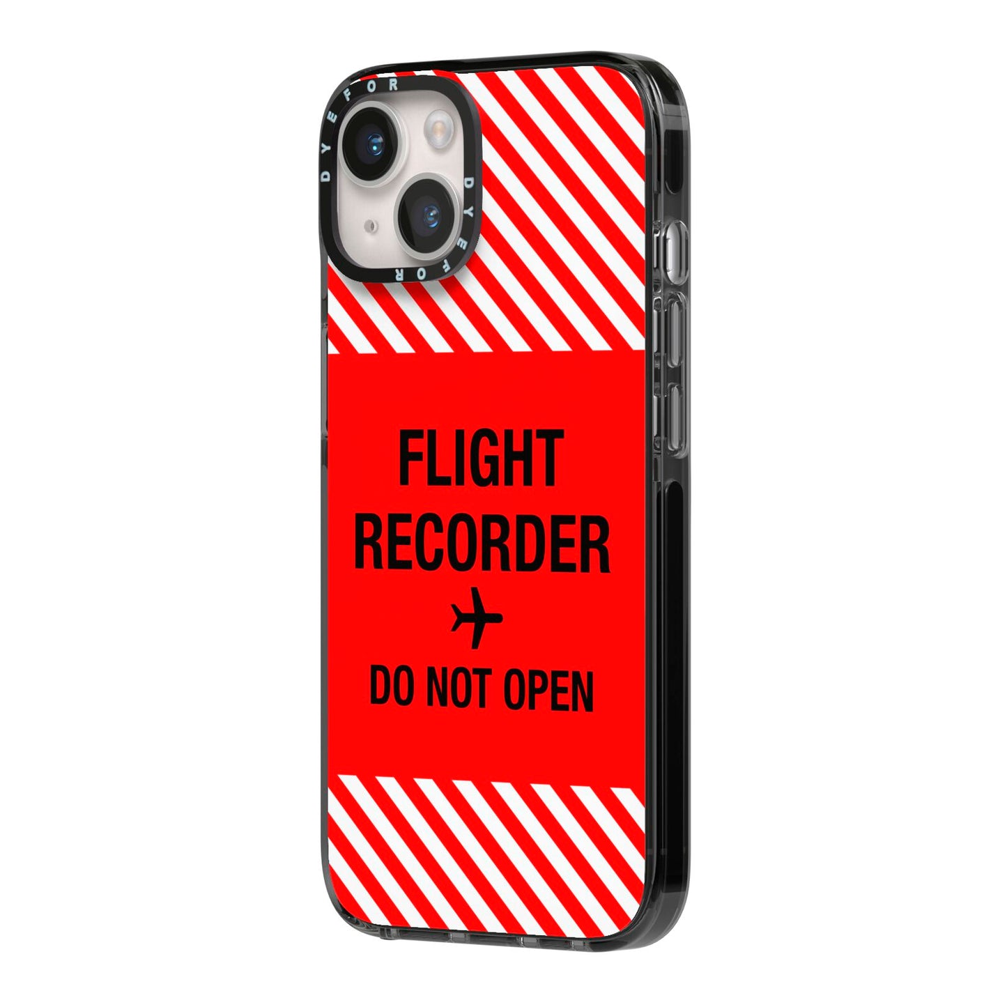 Flight Recorder iPhone 14 Black Impact Case Side Angle on Silver phone